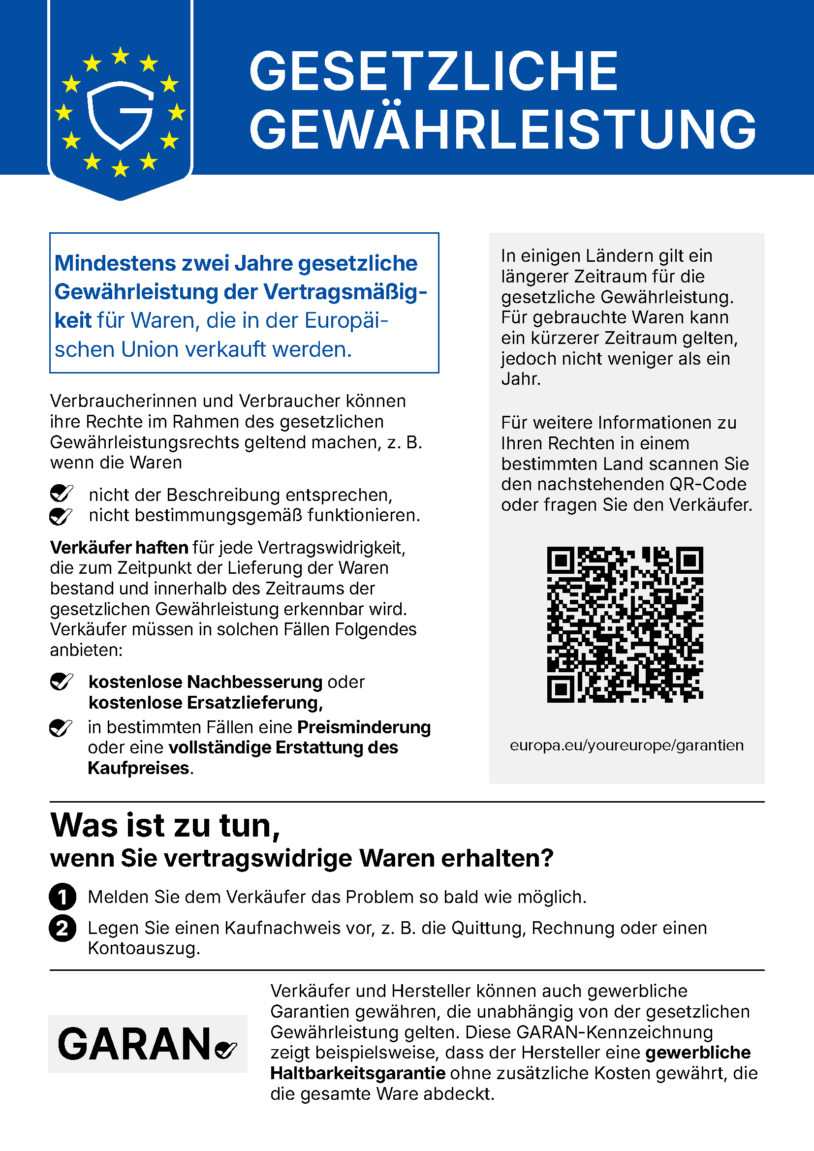 EU-Hinweis zum gesetzlichen Gewährleistungsrecht: mindestens 2 Jahre gesetzliche Gewährleistung.