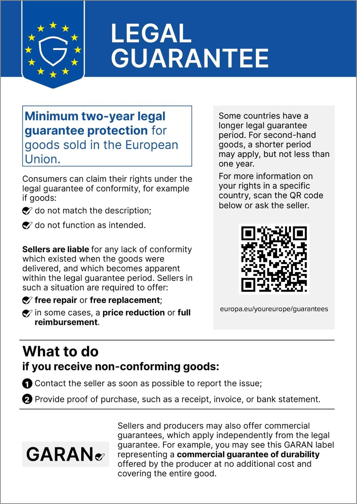EU notice on the legal guarantee of conformity: minimum 2-year legal guarantee.